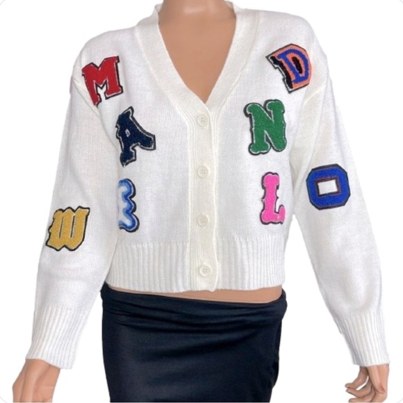 Vintage Sweaters - Vintage Y2K Runway 7 Preppy Letter Print V-Neck Cardigan Knit Sweater Medium